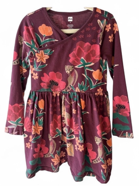 Tea Collection | Burgundy Floral And Forrest Critters Dress | Size 4